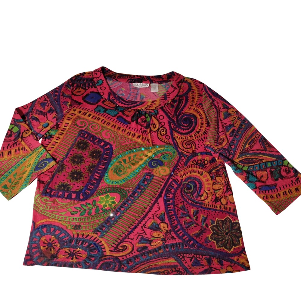 New Direction Woman 1X‎ Multicolor Paisley Beaded Sequin 3/4 Sleeve Blouse